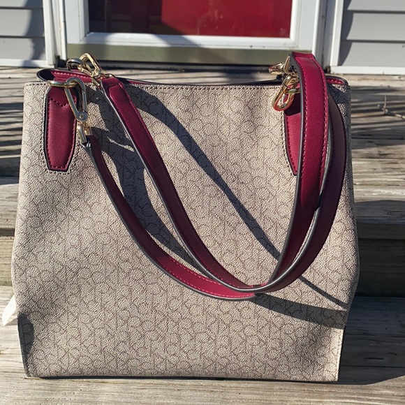 Calvin Klein Handbags - Calvin Klein Monogram Tote Bag, Gray & Burgundy